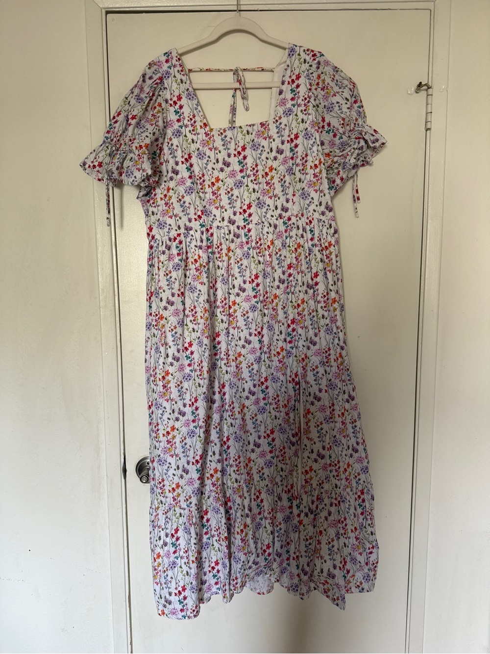 Floral Midi Dress in White with Multicolor Blooms
